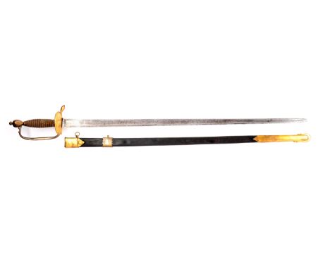 Straight tapered steel blade with large shallow fuller on each side.  Gilt brass hilt with clam-shell guard with indented pan