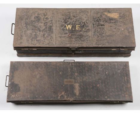 Including:  a tin shipping container-marked with letter: W.E., old shipping tag on top and both sides.  Handle on each side, 
