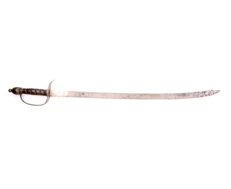 Circa 1770-80.  Slightly curved flat steel blade with clipped point tip.  Four slotted steel guard with integral knuckle bow 