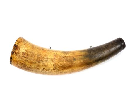 Curved horn body carved with “Geo. Washington”, "Liberty Tree" and "D*J - 76", a folk art American eagle with a shield.  One 