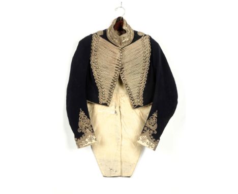 French blue wool officer or diplomat dolman. Heavy dark blue wool with white stand up collar. Collar has silver bullion tape 