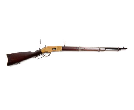 Manufactured 1870.  Features full round barrel, 3/4 magazine, three barrel bands, sling swivels, folding ladder rear sight, p