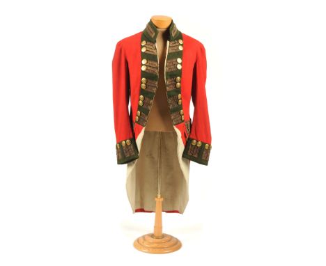 Scarlet super fine coat with willow green lapels, standing collar and cuffs. Ten buttons in pairs with gold lace on each lape