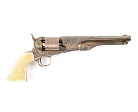 According to the Factory letter, this was shipped as a standard 1861 Navy with wood stocks and shipped to Colt's New York off