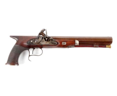 Octagonal smoothbore Damascus barrel, patent breech with silver band and rear notch sight.  Marked “LONDON” on top flat.  Fla