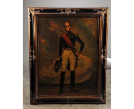 Oil on canvas, 49 x 36 3/4 inches, within modern, composite frame.  Full-length oil portrait of Louis_Napoleon Bonaparte (180