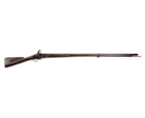 Round smoothbore steel barrel with bayonet lug mounted on top, near muzzle.  Flintlock mechanism with lockplate measuring 6-1