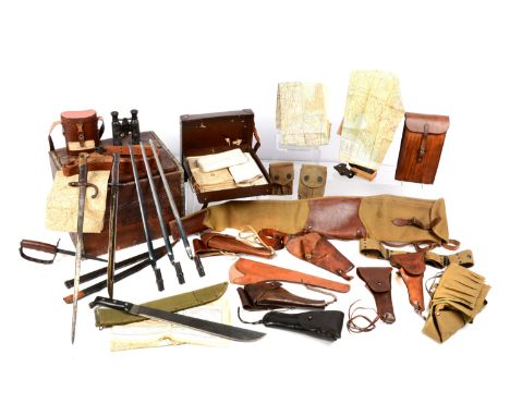 Lot includes Griffin & Howe leather and canvas rifle case, all leather intact with some chaffing; bag of linen maps circa Wor