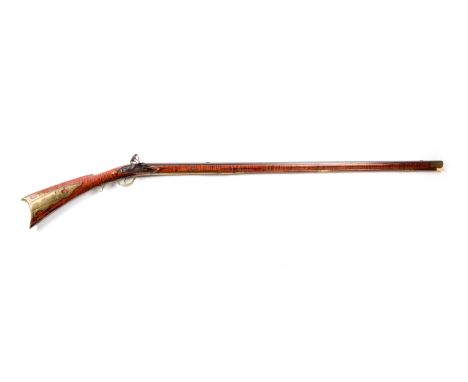 Octagonal rifled barrel signed "P. Kuntz" on top flat and two decorated bands surround both front and rear sights.  Flintlock