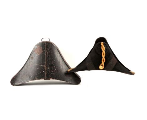Royal Navy officer chapeau, 1830s-1840s.  Black fur felt chapeau with black ribbon cockade, gold bullion cockade loop ending 