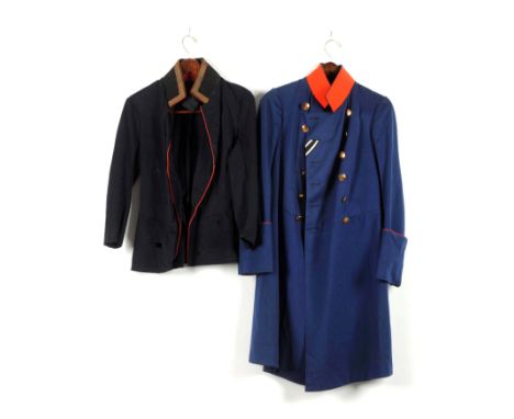 Comprised of: 1)  Saxon blue, double breasted frock coat with scarlet standing collar and scarlet piping on cuff edge and fal