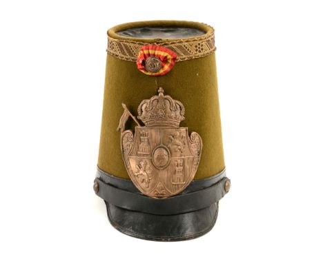 Mid-19th century French Shako with green fabric-covered, cardstock body and black leather recessed top, band and visor, all o