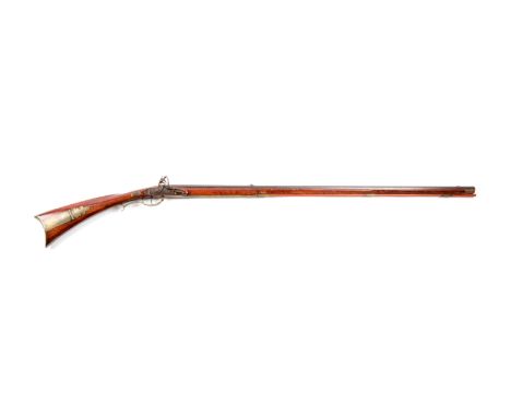 Smoothbore octagonal barrel, unsigned with centered rear sight.  Reconverted flintlock mechanism, lockplate with rounded tang