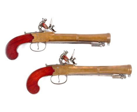 Two-stage brass blunderbuss with cannon barrels stamped with two English proofs on undersides of breeches.  Triangular spring