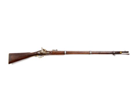 Rifled round steel barrel with bayonet lug mounted on top of barrel, near muzzle.  Left side of breech stamped with four Brit