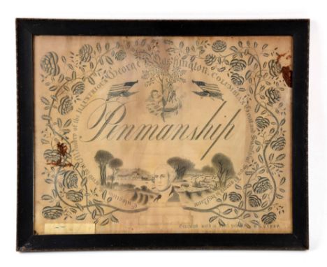 Circa 1840.  Calligraphy work was done using blue ink with a steel pen.  It is signed by the artist; "H.R. Tryon."  The paper