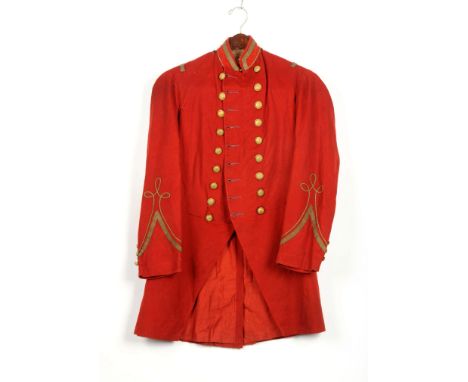 Dated 1860's-1870's. (Pulaski Light Guard?). Red wool frock coat with red stand up collar, gold bullion tape and shoulder boa