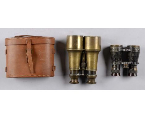Comprised of:  1)  Pair of French field glasses [dented], Brass construction. 2) Pair of German field glasses [chipped], need