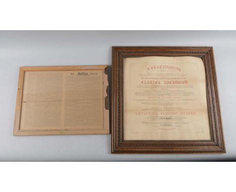 Includes: Framed without glass, A Testimonial of Dayspring Presbyterian Church, May 1888 in an ornate wood frame measuring 30