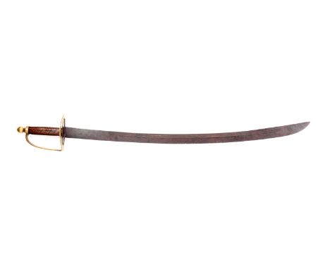 Slightly curved steel Spanish style blade with three thin fullers.  Oval-shaped slotted brass guard with four piercings, inte