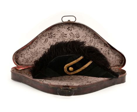 Fraternal or Civic black felt chapeau with black feather, gold bullion with one brass button.  Complete lining and sweat pan.