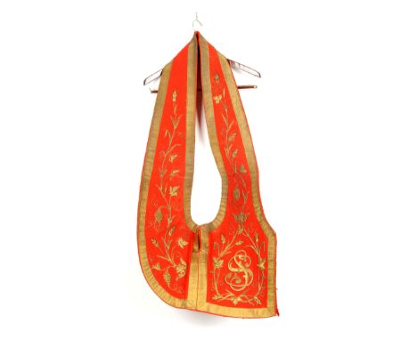 Unknown element, 41 X 24 ½, scarlet superfine wool body with applications of raised gold embroidery consisting of a central c