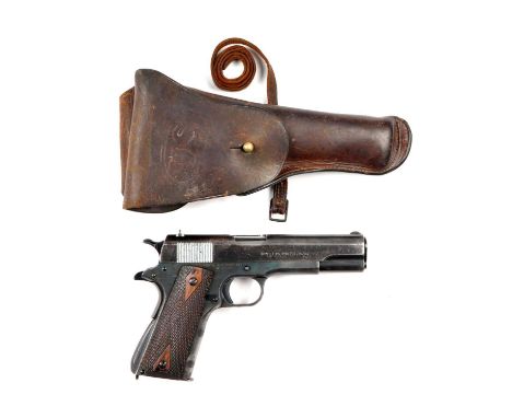 This standard U.S. Army pistol was manufactured in 1919.  Standard features include 5" barrel, blued finish, diamond checkere
