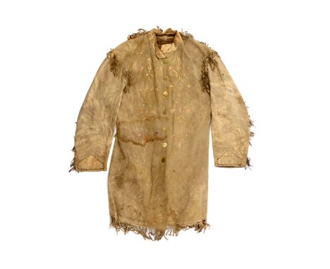 Buckskin Hunting Shirt or Frock with Quillwork, ca. 1840s-1850s Early American, frontier hunting shirt or frock of buckskin l