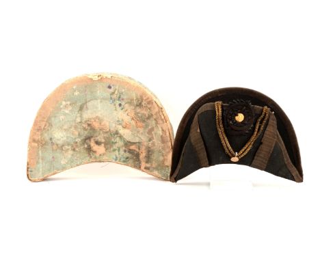 Fur-felt, fold-down body with silk ribbon trim and bold bullion cockade loop ending at plain, flat button near bottom of fron