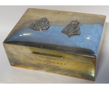 ROYAL HONG KONG DEFENCE FORCE SILVER CIGARETTE BOX PRESENTED TO MR.F.C.JONES MBE 1962 