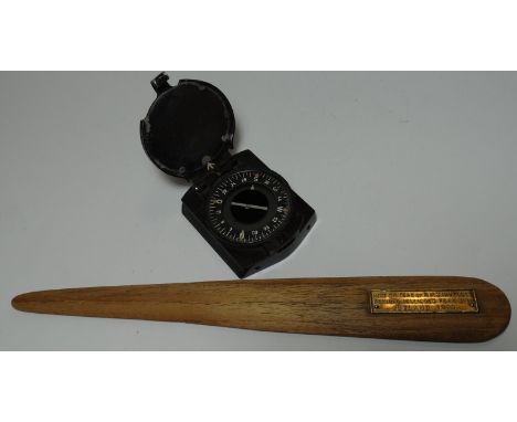 MILITARY POCKET COMPASS & 1916 FLAGSHIP JUTLAND TEAK LETTER KNIFE 