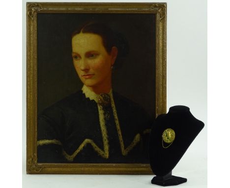 19th century oil on canvas, portrait of a young woman, 19.5'' x 15'', framed, together with the Victorian gilt metal brooch d