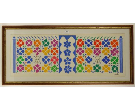 Henri Matisse, lithograph of cut-out decorations masques, printed for Verve 35/36 circa 1950s, image 13'' x 37'', framed.