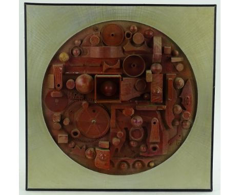 Mixed media wood/paint abstract construction sculpture, overall dimensions 24'' x 24''.