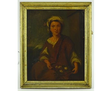 18th century oil on canvas laid on board, portrait of a woman holding flowers, unsigned, 12'' x 9.5'', framed.