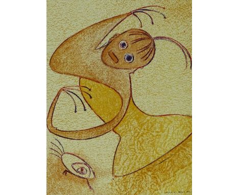 Max Ernst, lithograph, surrealist figure 1975, for the San Lazzaro folio, no. 221/575, image 12.5'' x 9.5'', framed.