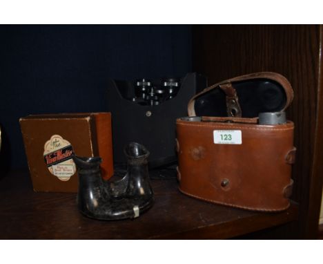 Two pairs of cased vintage binoculars, by Lumiers Paris and Mark Scheffel, plus a bakelite viewmaster with box