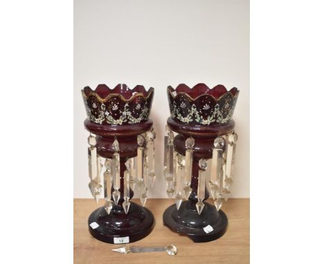 Two Victorian table lustres, ruby glass with enamel and gilt floral decoration.