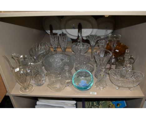 A slanted Caithness glass flower vase, plus other pressed and etched glassware