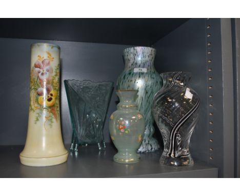 A selection of vintage glass, including Edwardian glass with hand painted pansy design.