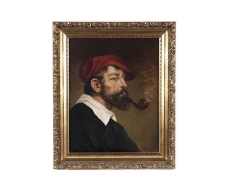 20th Century Continental School,Pipe Smoker in a Red Hat, signed "Doman F" [?] oil on canvas, 49 x 39cms, in frame.