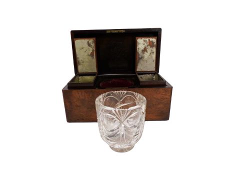 A 19th Century walnut tea caddy, the interior fitted with two lined two vaulted top cannisters and replacement mixing bowl, f