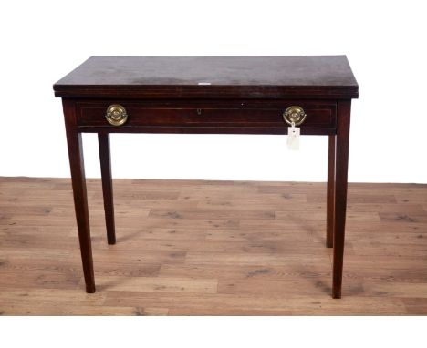 An early 20th Century inlaid mahogany tea table, with rectangular hinged top opening onto gate leg supports, above singular d