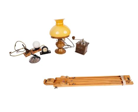 A selection of desk and other accessories, including: an Art Deco style table lamp, mounted with a bronzed spelter figure of 