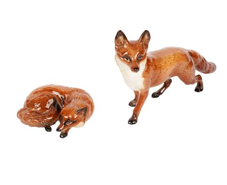 Two Beswick decorative ceramic figures of foxes, one modelled curled up asleep, the other standing, the largest 24cms wide. (