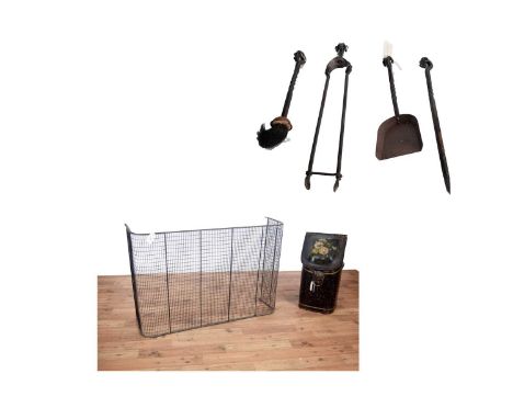 A Victorian metal fire fender, with mesh exterior, 108 x 30 x 73cms high; together with a Victorian black lacquered coal scut