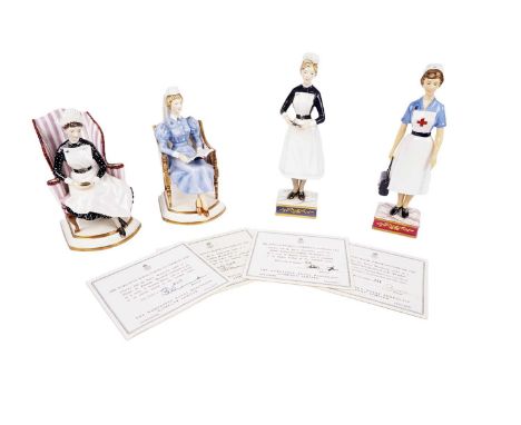 Four Royal Worcester figures of nurses, including: 'British Red Cross Society V.A.D. Member'; 'Sister, University College Hos