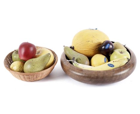 A collection of Penkridge ceramic fruit, most with their stickers, including: a melon, a plum, a lemon, apples, and others; t