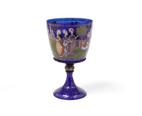 A 15th Century style Venetian glass goblet by Pauly &amp; C. Murano, the deep blue ground enamelled by Antonio Cecchelin with