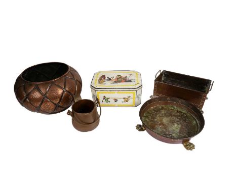 An Arts and Crafts twin handled copper trough planter, raised on four brass paw feet, 27cms wide; together with other collect